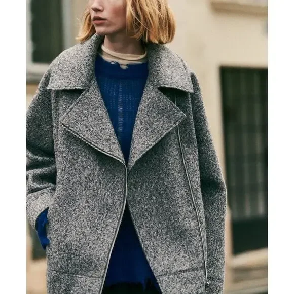 Zara Boucle Women's Gray Asymmetric Zip Collared Oversized Over Coat Jacket Sz S - Picture 2 of 8